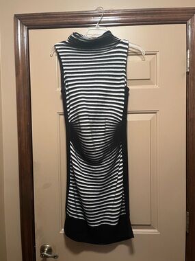Fever Black and White Striped Sleeveless Mock Neck Dress
